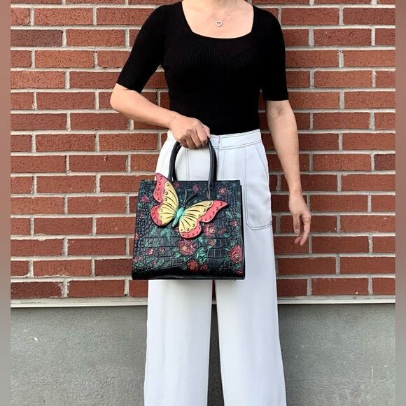 Hand Painted Genuine Leather Floral Embossed with 3D Butterfly Handbag - Picture 2 of 16